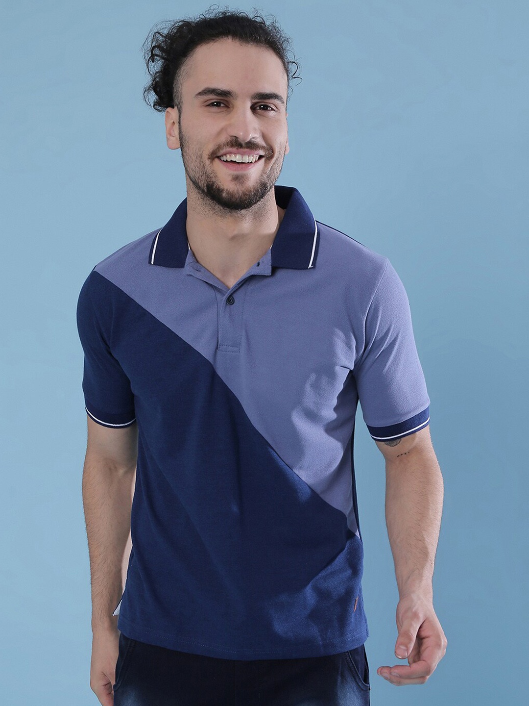 

Campus Sutra Colourblocked Polo Collar Cotton T-shirt, Navy blue