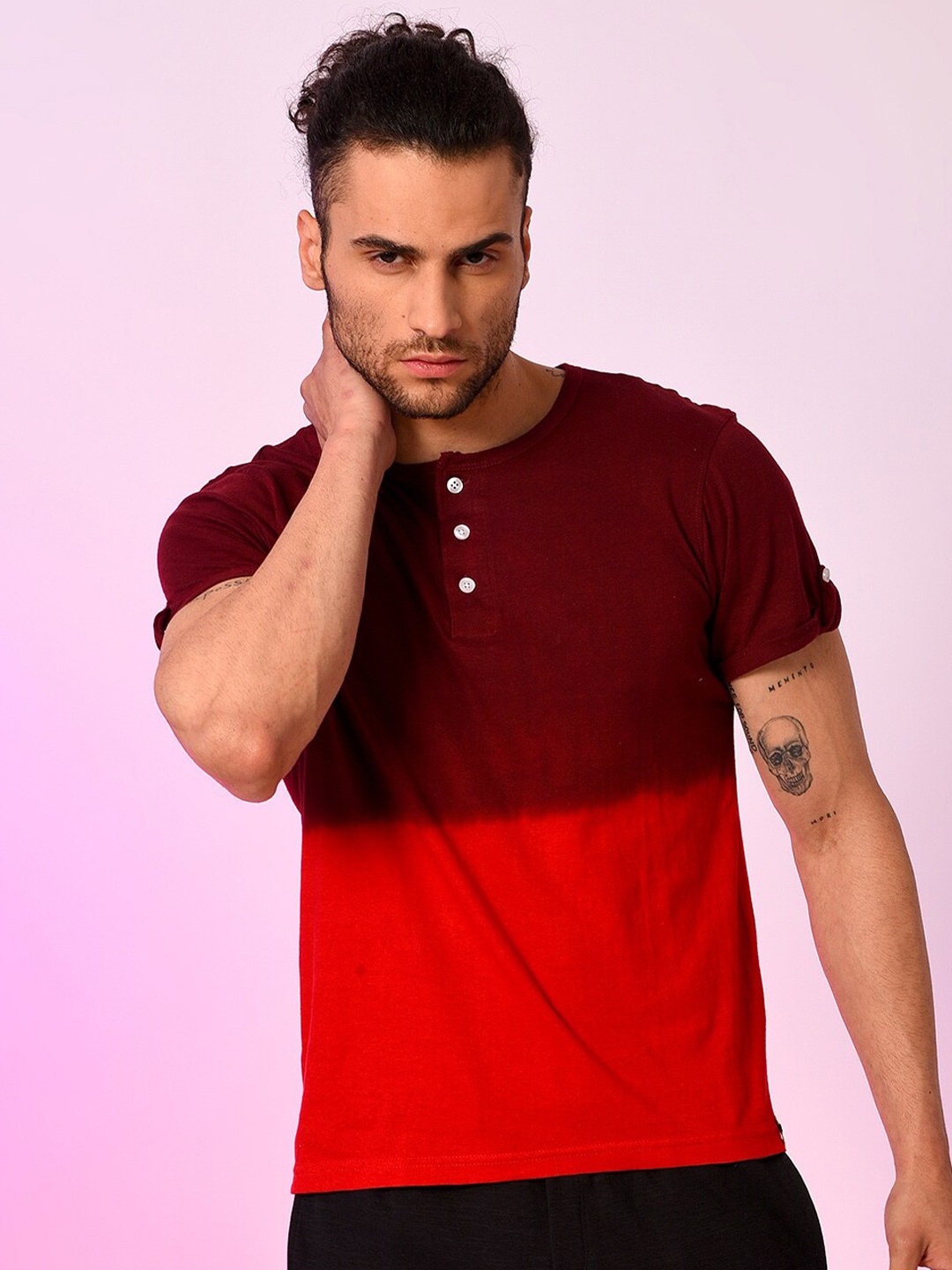 

Campus Sutra Colourblocked Henley Neck Cotton T-shirt, Maroon