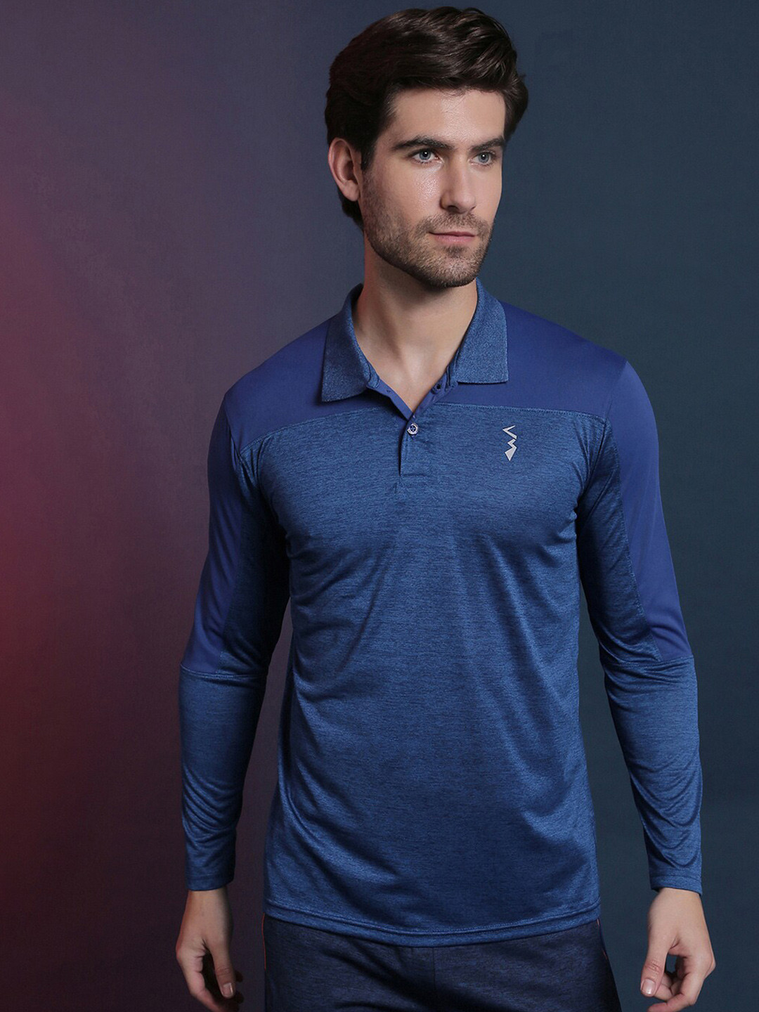 

Campus Sutra Blue Dry-Fit Polo Collar Long Sleeves Activewear T-shirt
