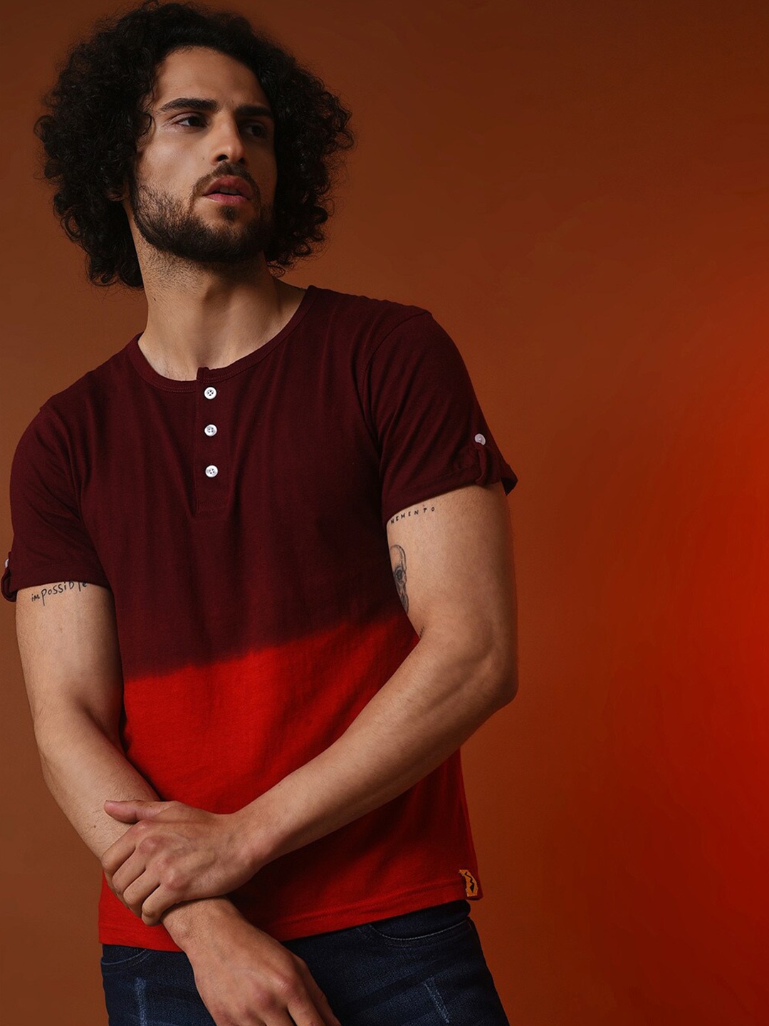 

Campus Sutra Colourblocked Henley Neck Cotton T-shirt, Maroon