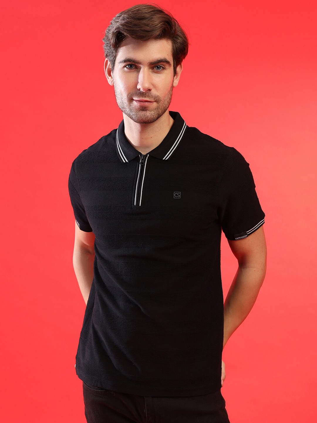 

Campus Sutra Black Striped Self Design Polo Collar Casual T-shirt