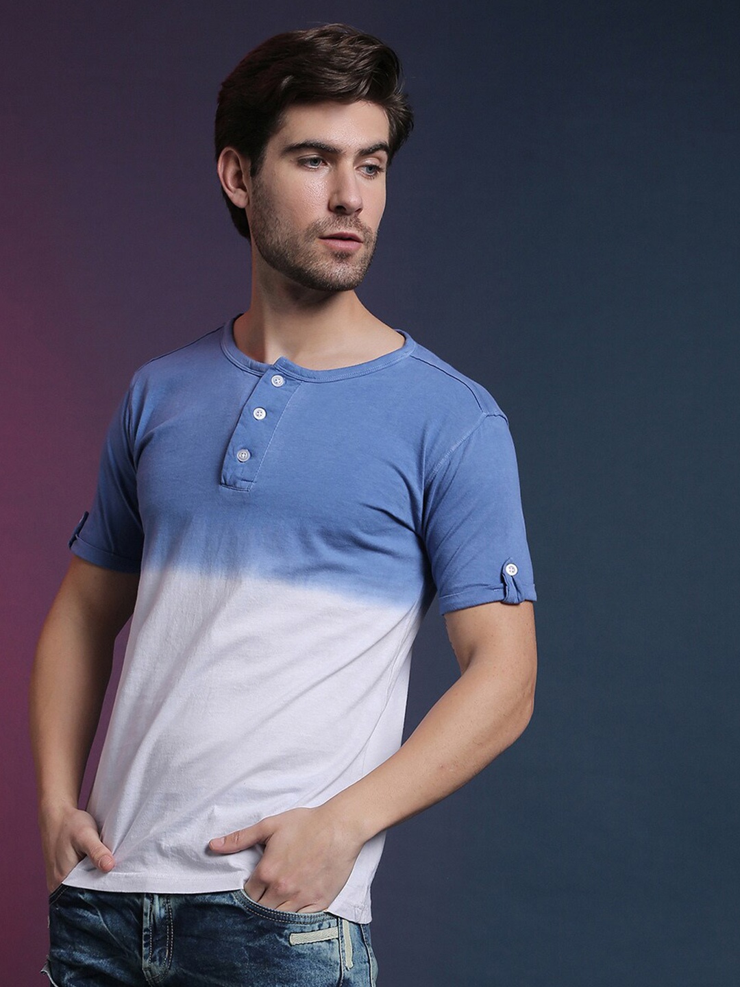 

Campus Sutra Colourblocked Henley Neck Cotton T-shirt, Blue