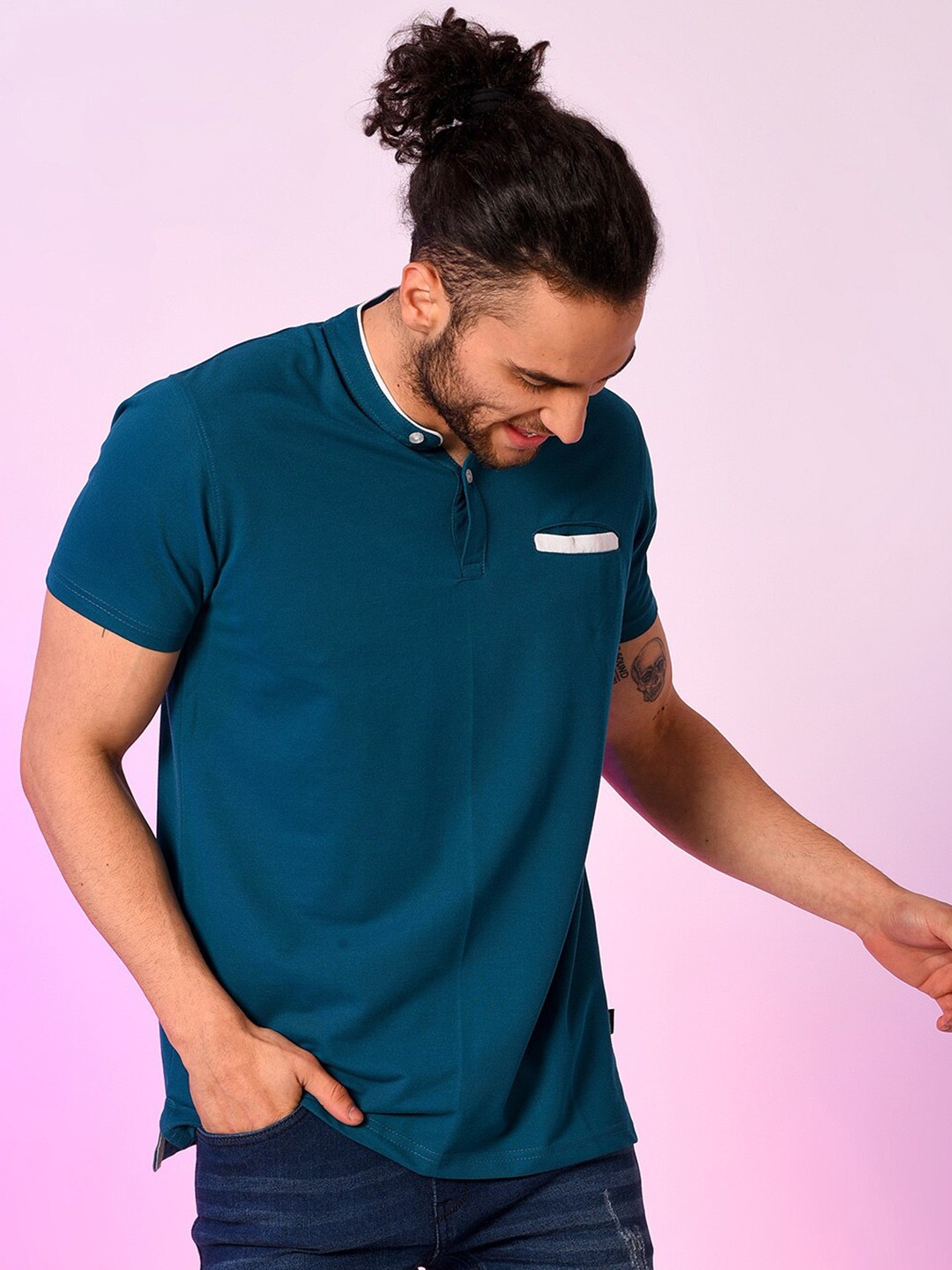 

Campus Sutra Mandarin Collar Cotton T-shirt, Teal