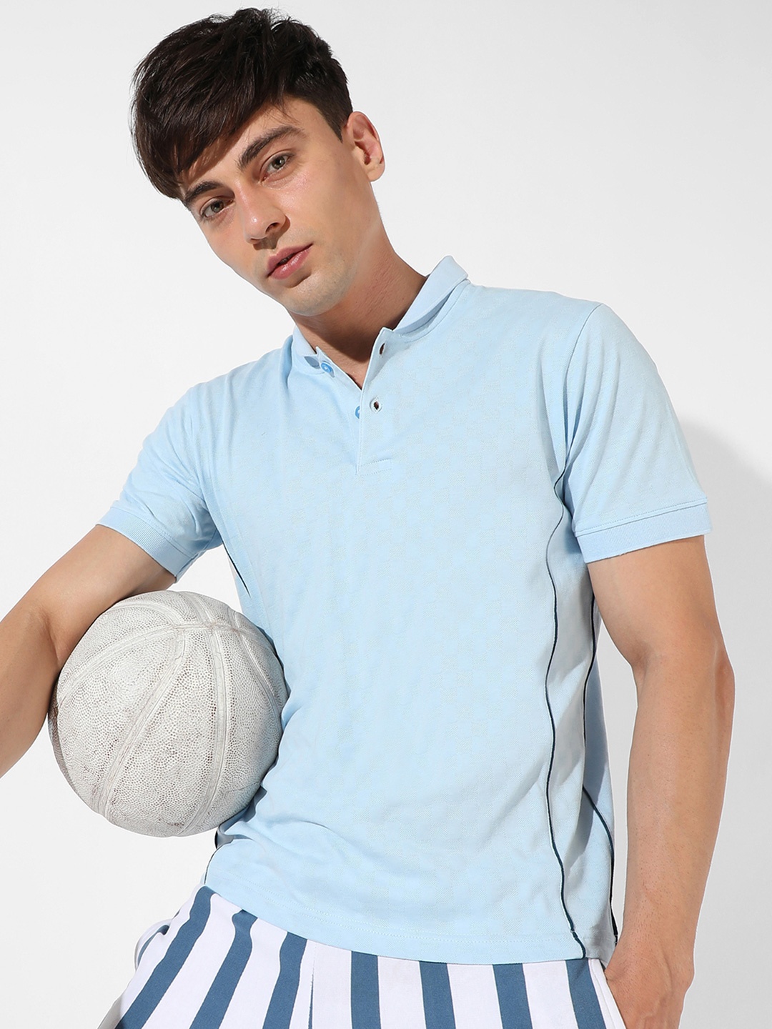 

Campus Sutra Men Blue Checked Polo Collar Cotton T-shirt