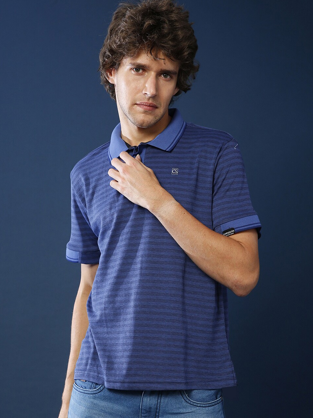 

Campus Sutra Striped Polo Collar Cotton T-shirt, Navy blue