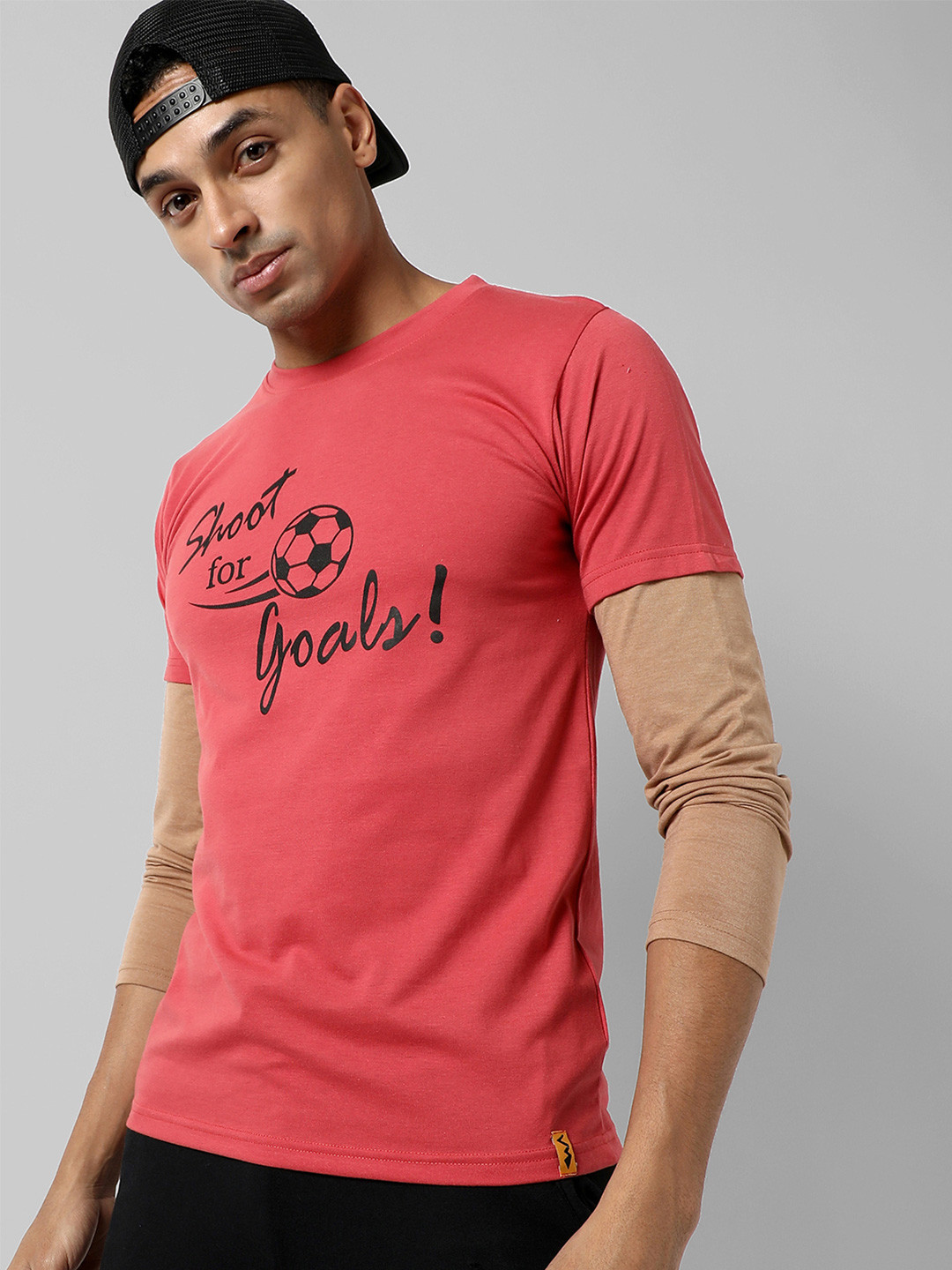 

Campus Sutra Peach-Coloured Typography Printed Cotton T-shirt