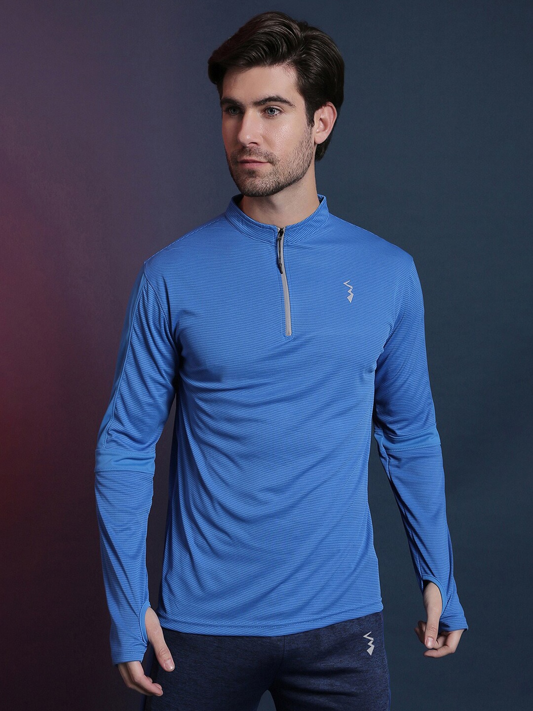 

Campus Sutra Blue Striped Mandarin Collar Dry Fit T-shirt