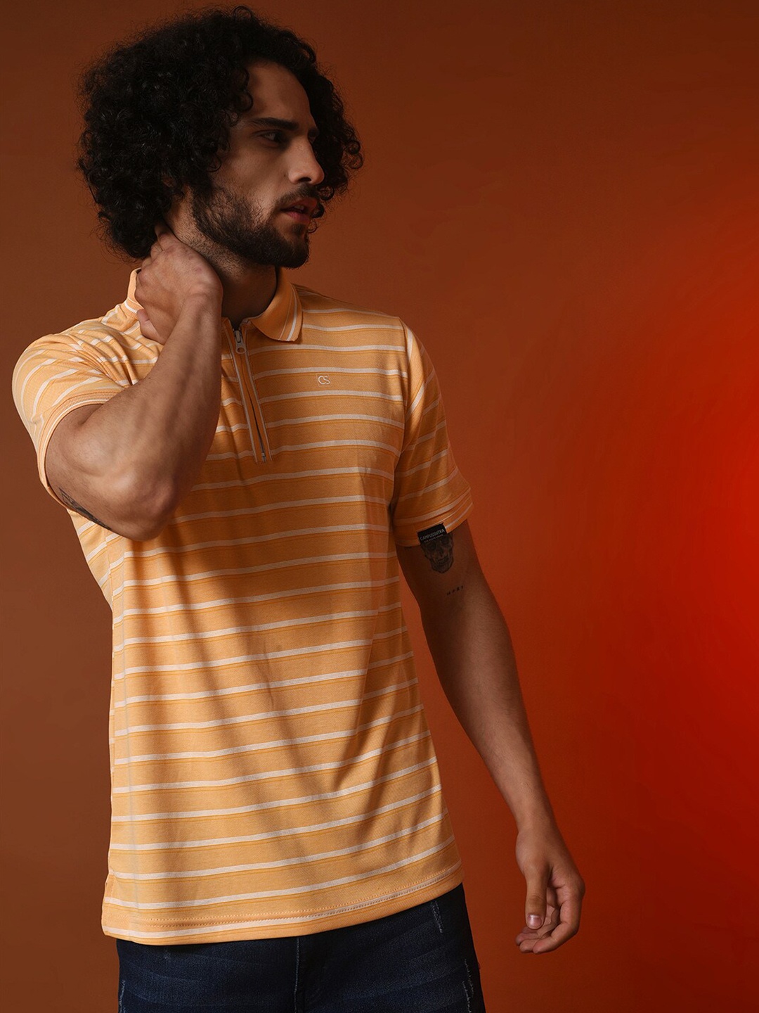 

Campus Sutra Yellow Striped Polo Collar Casual T-shirt