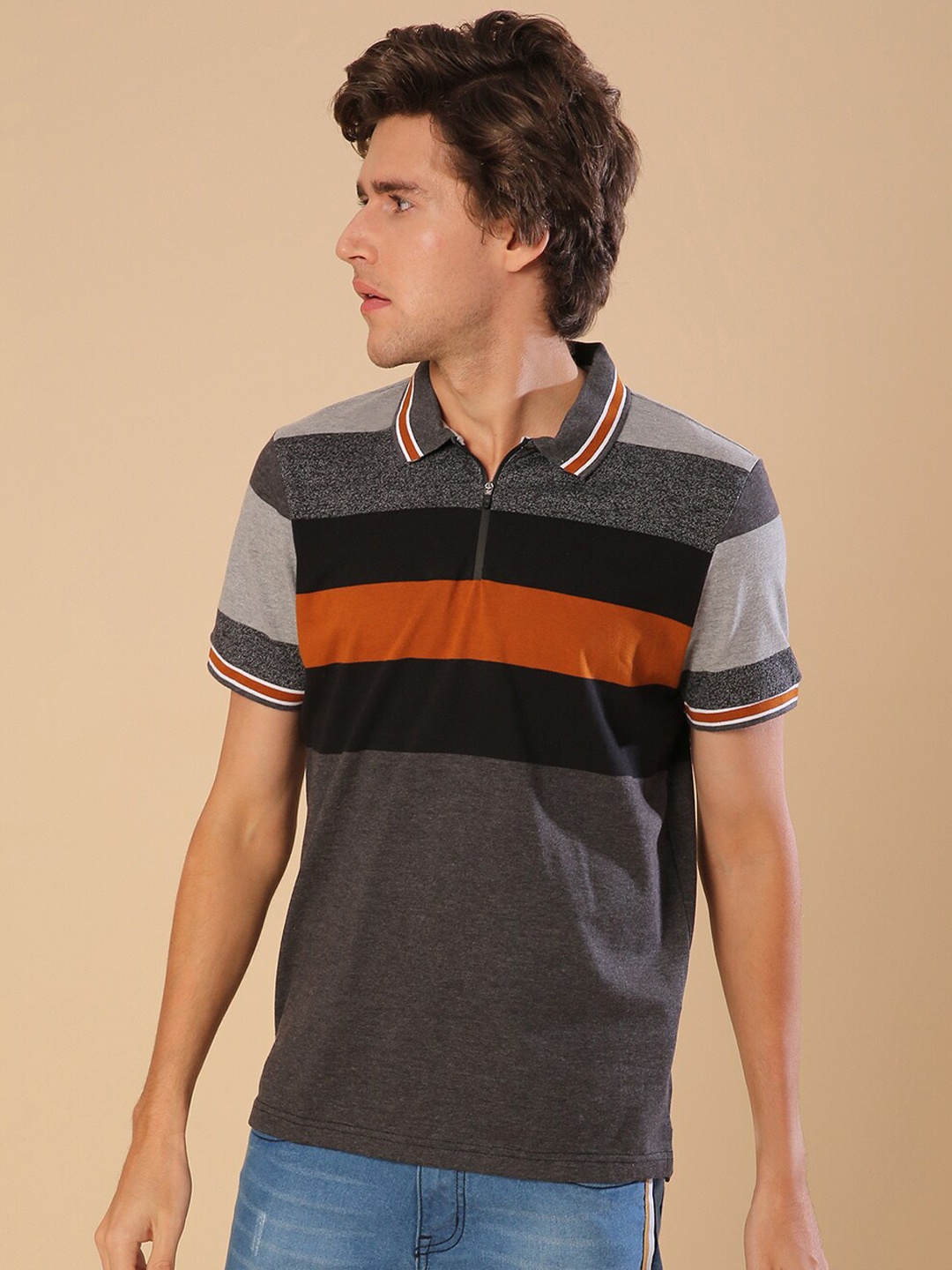 

Campus Sutra Colourblocked Polo Collar Cotton T-shirt, Grey