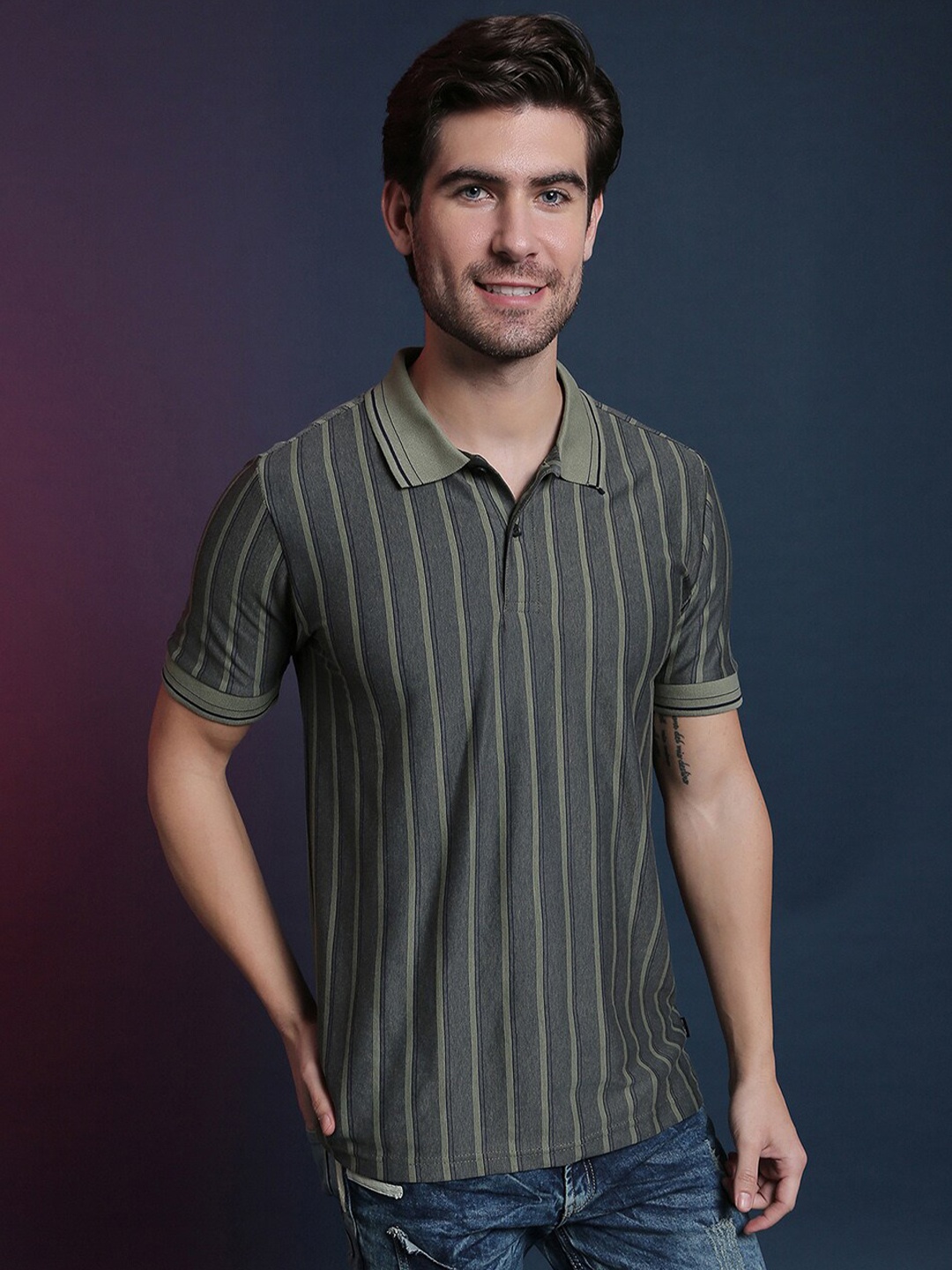 

Campus Sutra Olive Striped Polo Collar Short Sleeves Casual Cotton T-shirt
