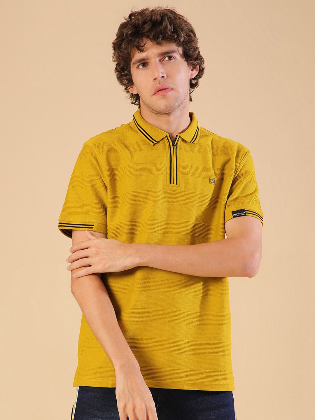 

Campus Sutra Self Design Polo Collar Cotton T-shirt, Mustard