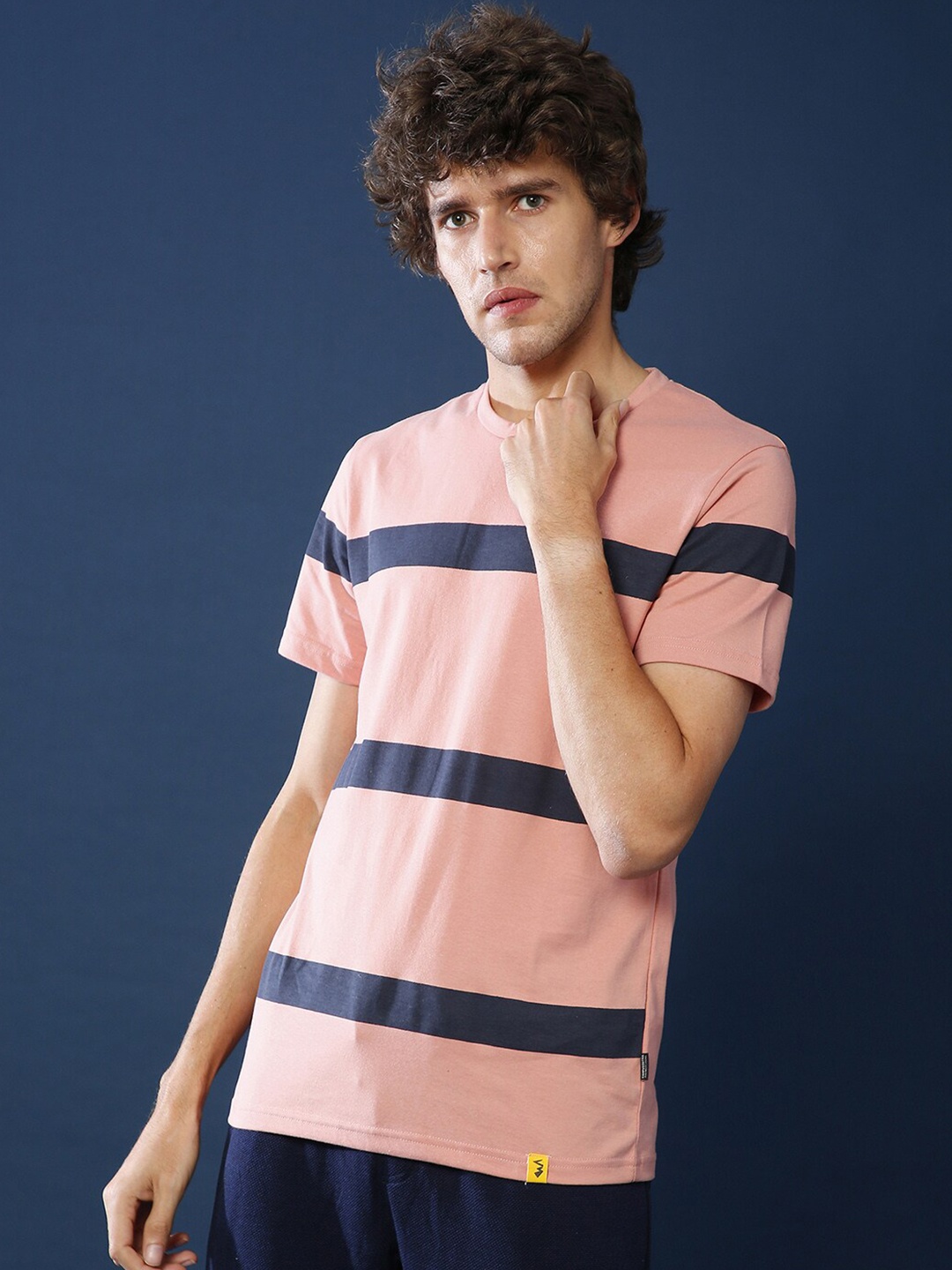 

Campus Sutra Striped Round Neck Cotton T-shirt, Pink