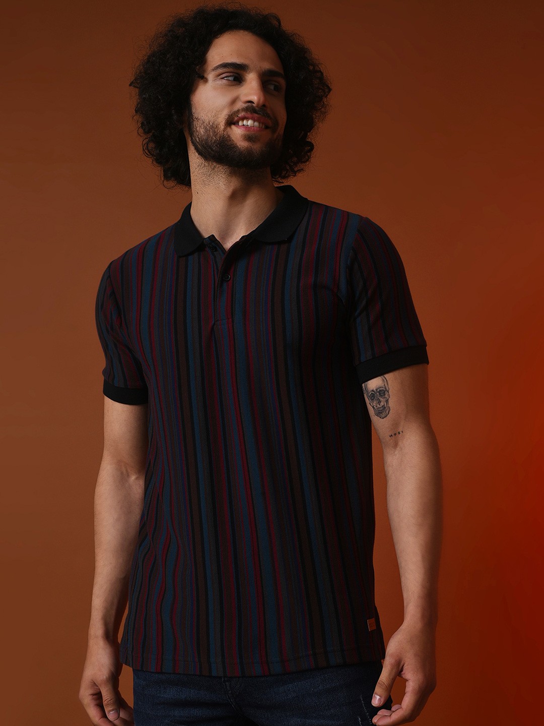 

Campus Sutra Black & Maroon Striped Polo Collar Cotton T-shirt