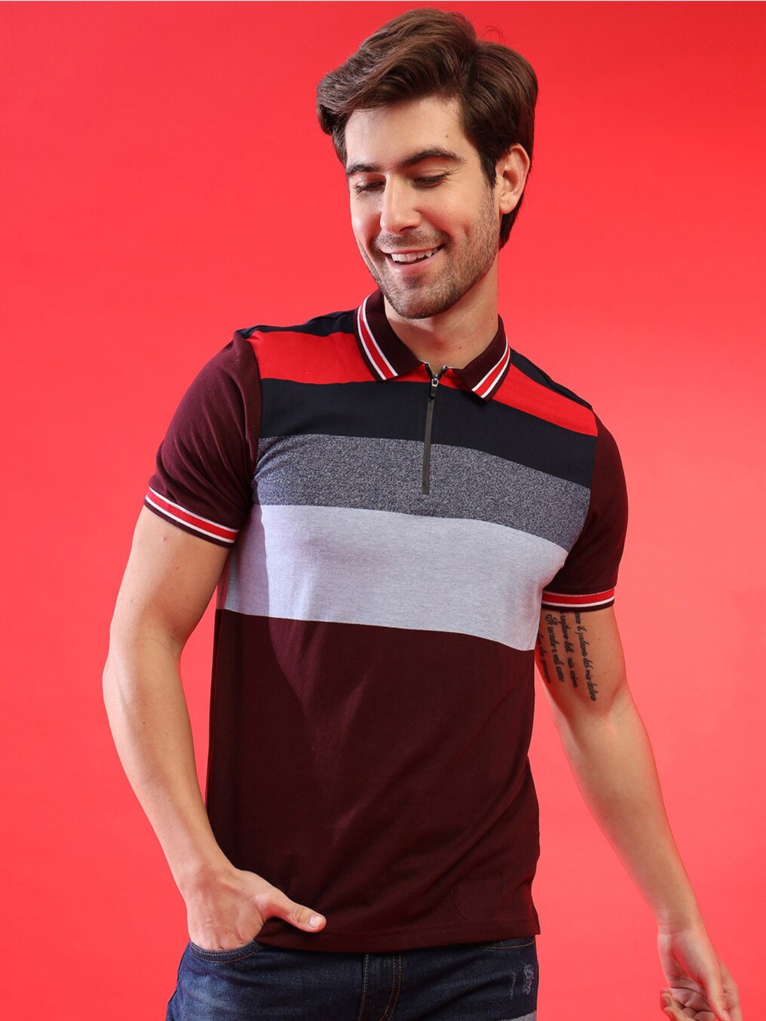 

Campus Sutra Maroon Striped Polo Collar Casual T-shirt