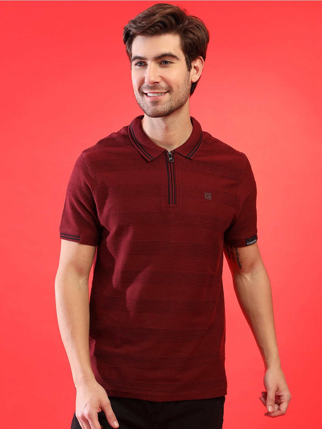 

Campus Sutra Maroon Striped Polo Collar Short Sleeves Casual Cotton T-shirt