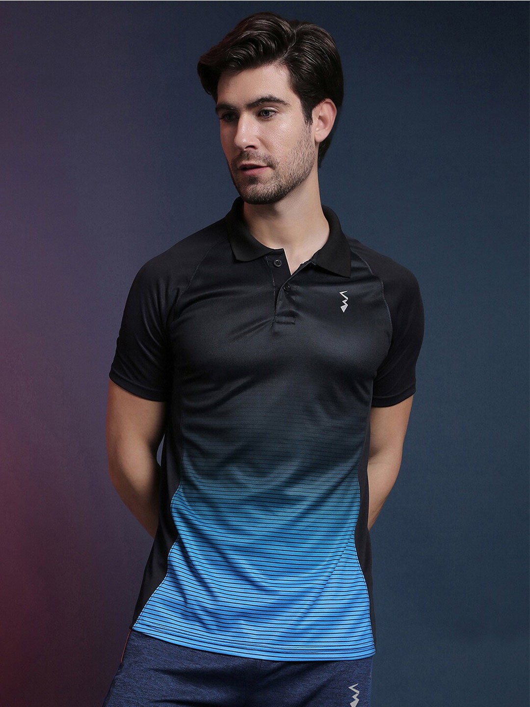 

Campus Sutra Blue Striped & Ombre Polo Collar Dry-Fit Training T-shirt
