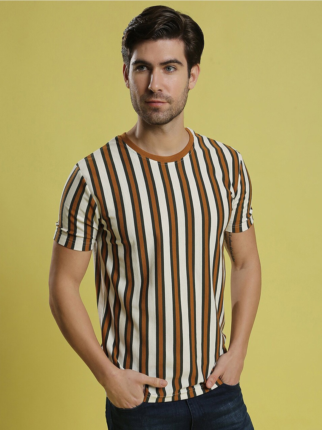 

Campus Sutra Striped Short Sleeves Cotton T-shirt, Brown