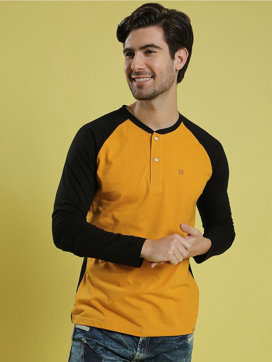 

Campus Sutra Mustard Yellow Colourblocked Henley Neck Casual T-shirt