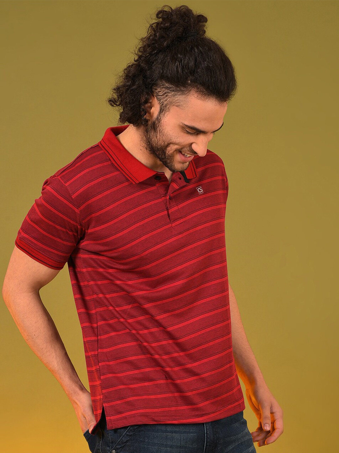 

Campus Sutra Striped Polo Collar Cotton T-shirt, Red