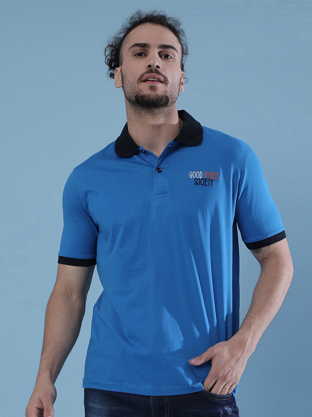 

Campus Sutra Blue Polo Collar Casual Cotton T-shirt