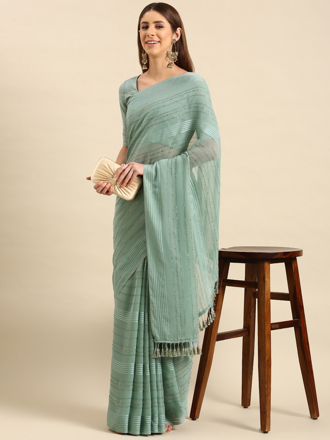 

Mitera Embellished Striped Poly Georgette Saree, Teal
