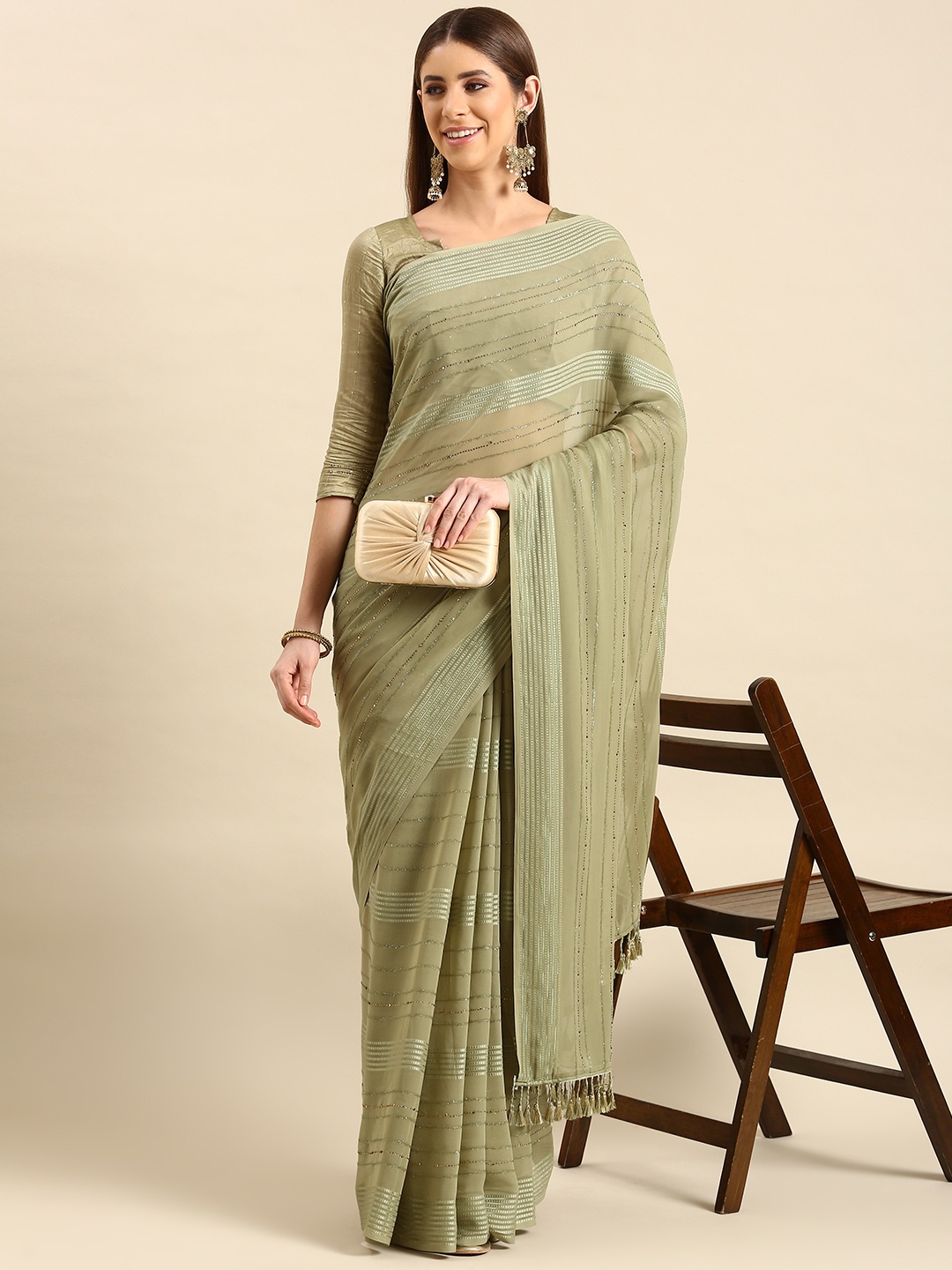 

Mitera Embellished Striped Poly Georgette Saree, Green