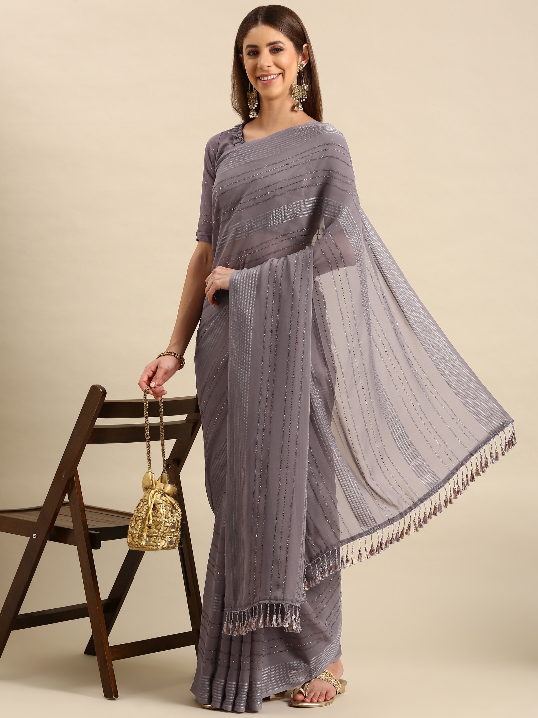 

Mitera Embellished Striped Poly Georgette Saree, Purple