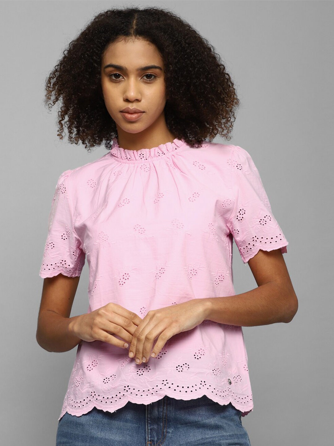 

Allen Solly Woman Self Design High Neck Pure Cotton Top, Pink
