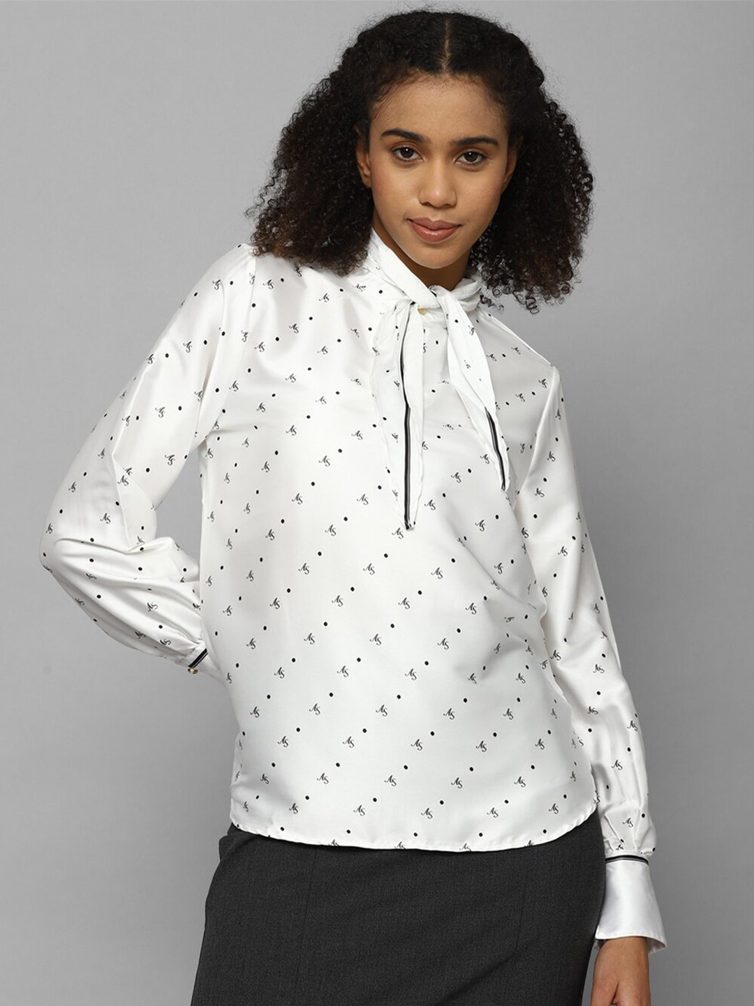 

Allen Solly Woman Typography Printed Tie-Up Neck Shirt Style Top, White