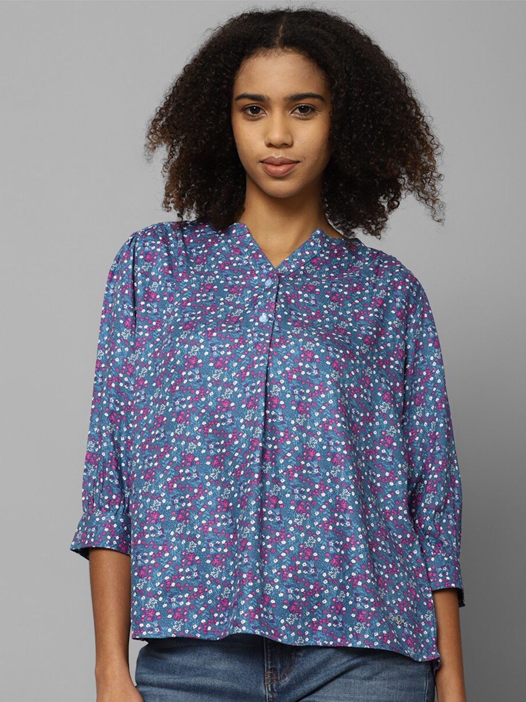 

Allen Solly Woman Floral Printed Mandarin Collar Shirt Style Top, Blue