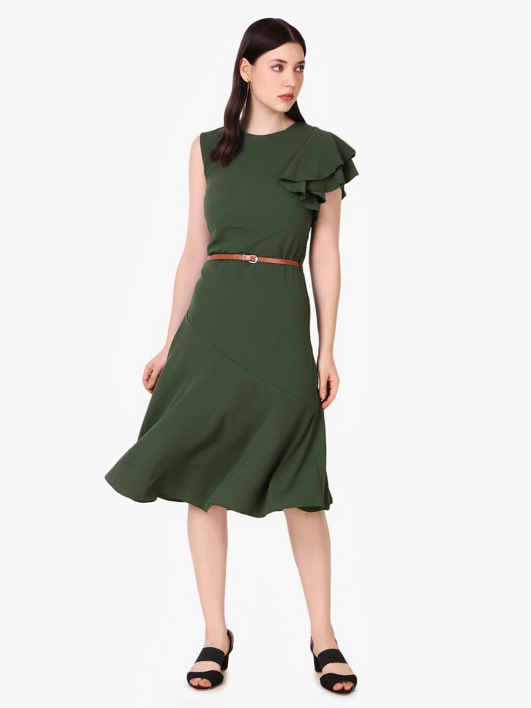 

Taggd Round Neck Ruffled A-Line Dress With Belt, Olive