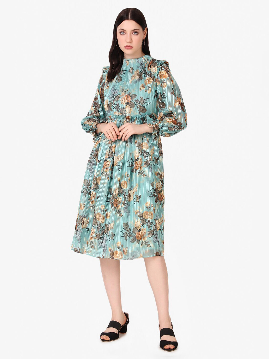 

Taggd Floral Printed Puff Sleeves Fit & Flare Dress, Turquoise blue