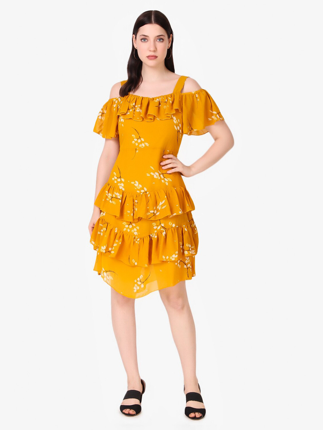 

Taggd Floral Printed Cold-Shoulder Ruffled Fit & Flare Dress, Mustard