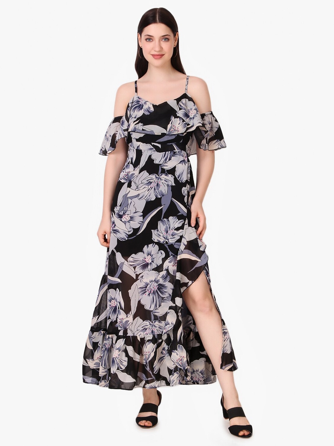 

Taggd Floral Printed Cold-Shoulder Fit & Flare Maxi Dress, Black