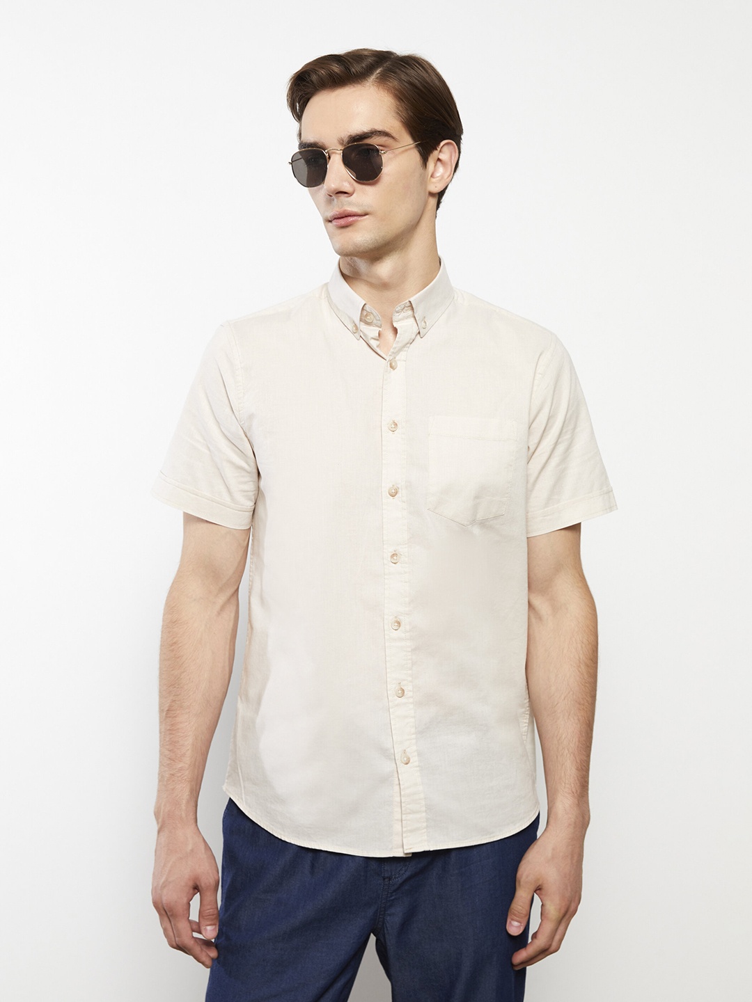 

LC Waikiki Pure Cotton Regular Fit Button-Down Collar Casual Shirt, Beige