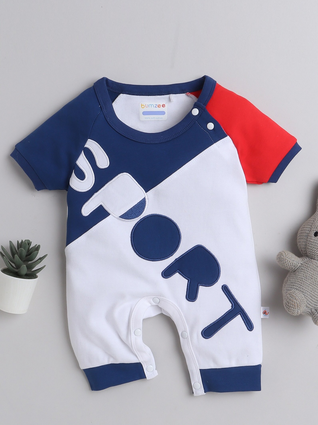 

BUMZEE Infant Boys Coloublocked Pure Cotton Rompers, White