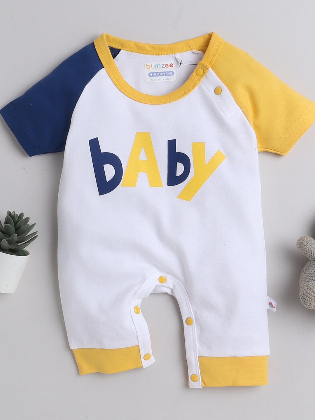 

BUMZEE Infant Boys Coloublocked Pure Cotton Rompers, White