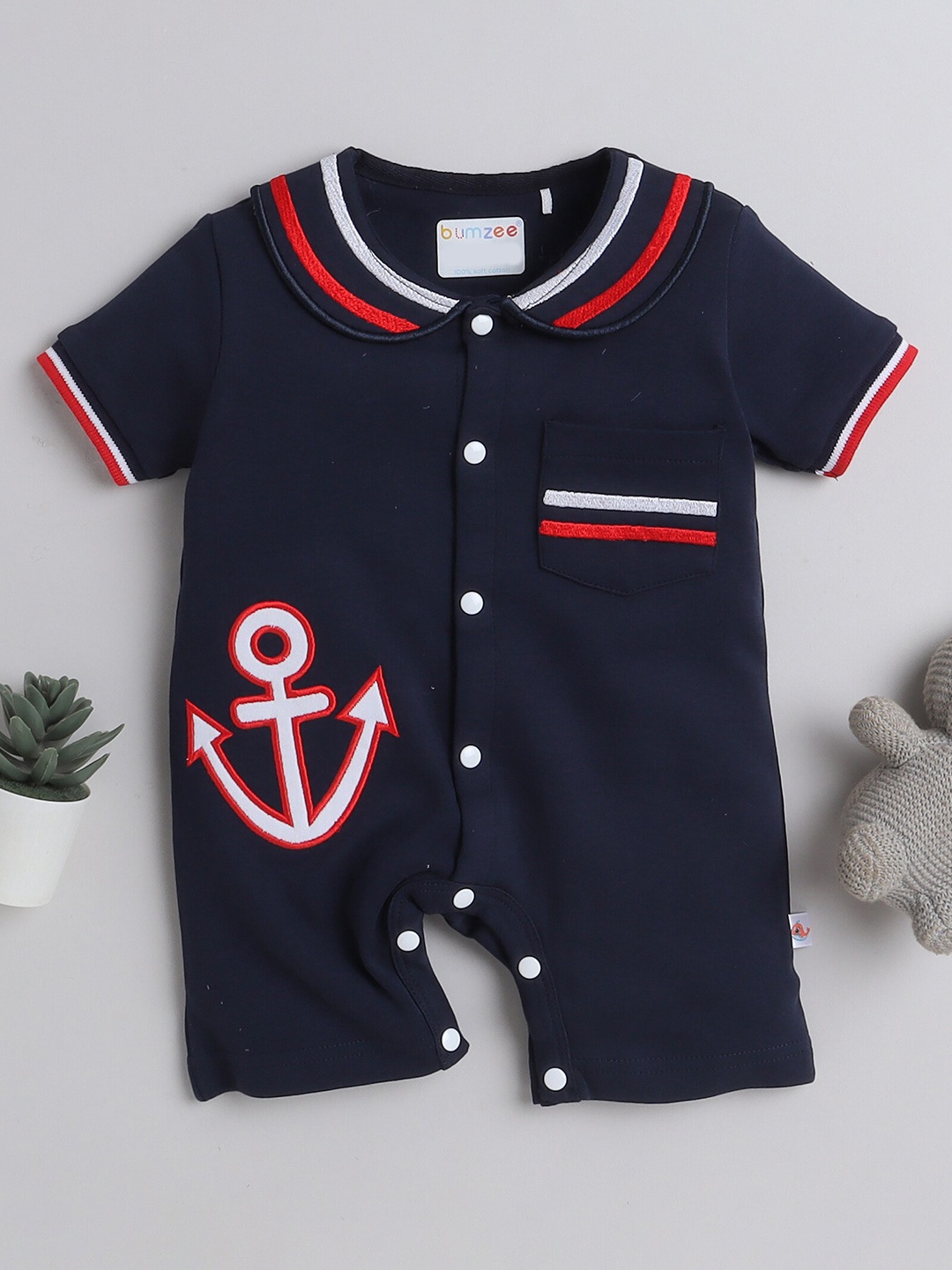 

BUMZEE Infant Boys Graphic Placement Printed Pure Cotton Rompers, Navy blue