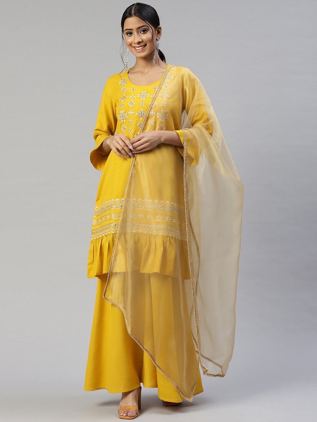 

Cottinfab Ethnic Motifs Embroidered Mirror Work Kurta with Sharara & Dupatta, Yellow