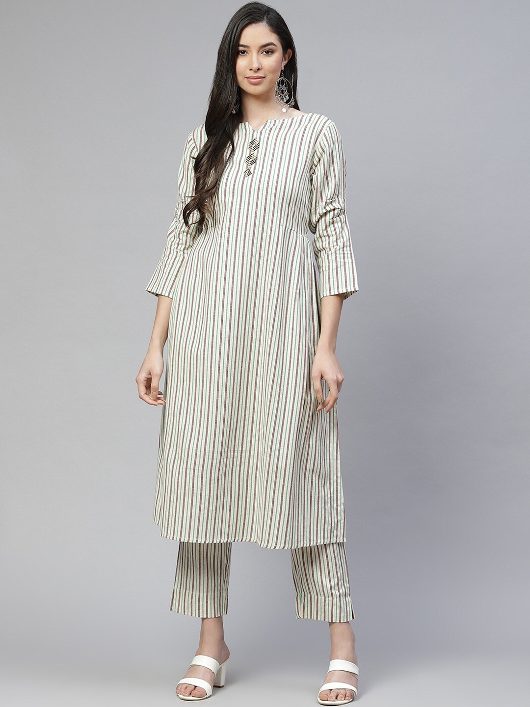 

Cottinfab Striped A-Line Pure Cotton Kurta with Trousers, Off white