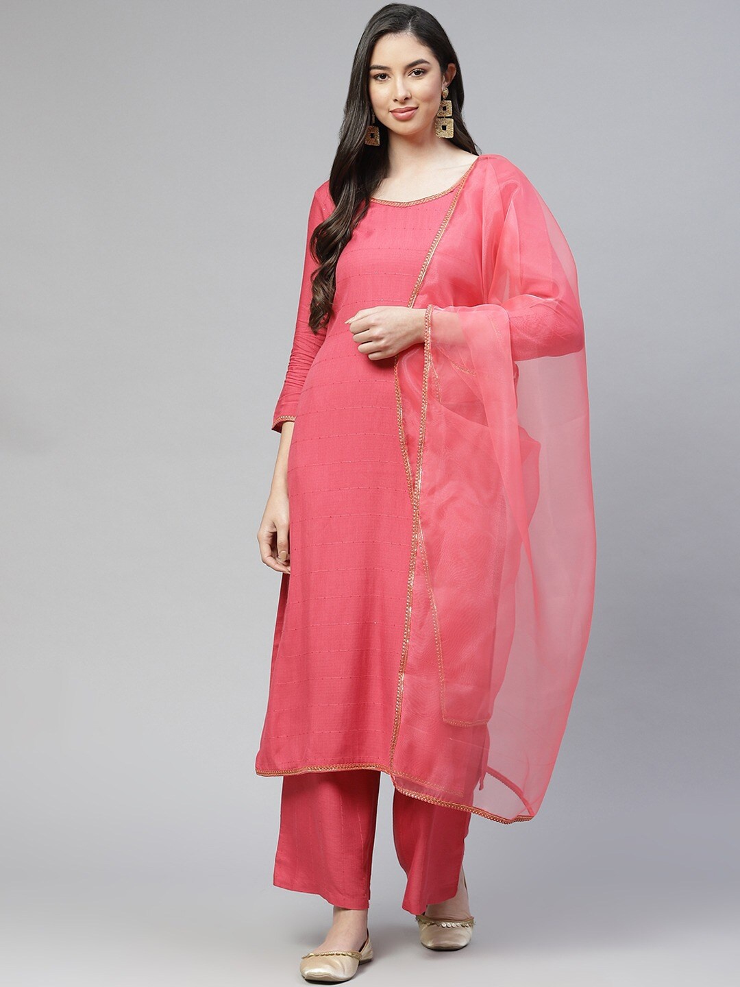 

Cottinfab Thread Work Sequined Kurta with Palazzos & Dupatta, Pink