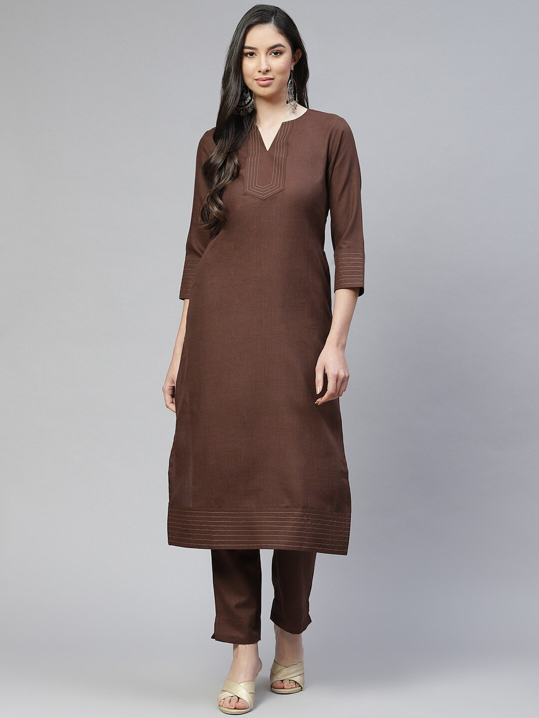 

Cottinfab Notched Neck Thread Work Kurta With Trousers, Brown