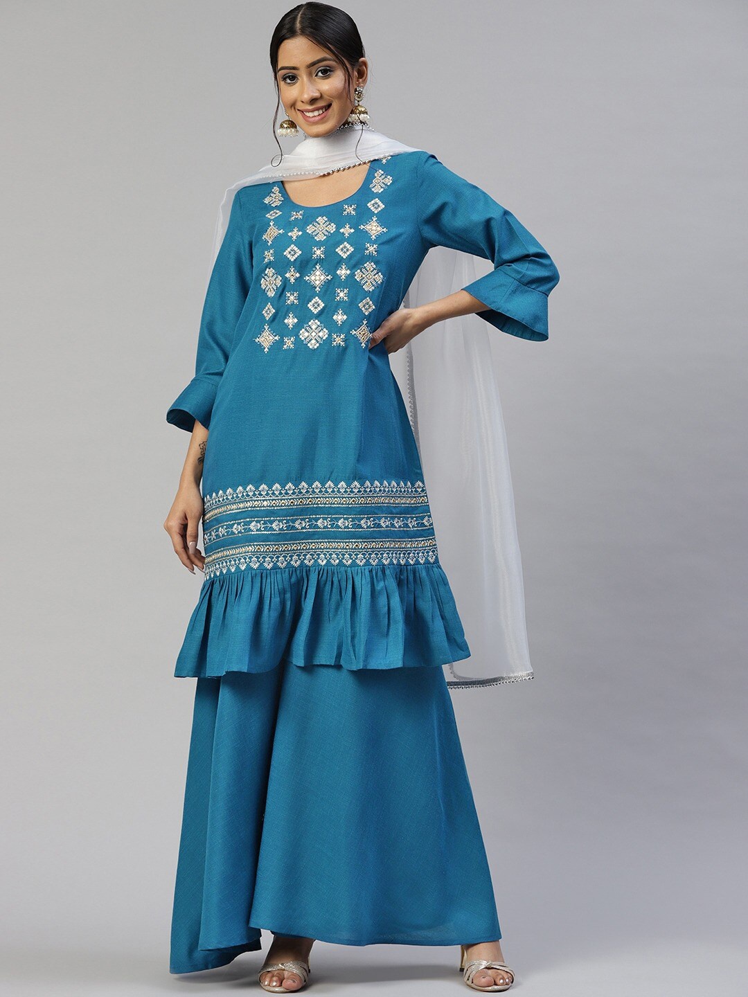 

Cottinfab Ethnic Motifs Yoke Design Mirror Work Kurta With Sharara & Dupatta, Blue