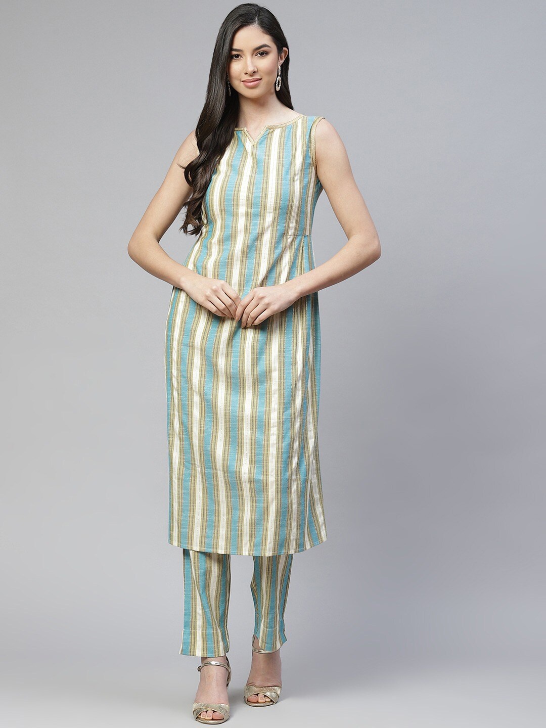 

Cottinfab Striped Notched Neck Gotta Patti Pure Cotton Kurta With Trousers, White