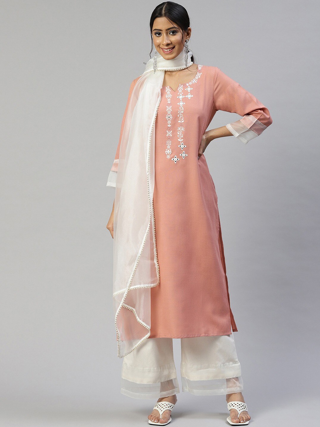 

Cottinfab Floral Embroidered Mirror Work Kurta with Palazzos & Dupatta, Peach