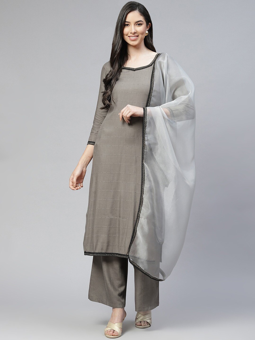 

Cottinfab Thread Work Sequined Kurta with Palazzos & Dupatta, Grey