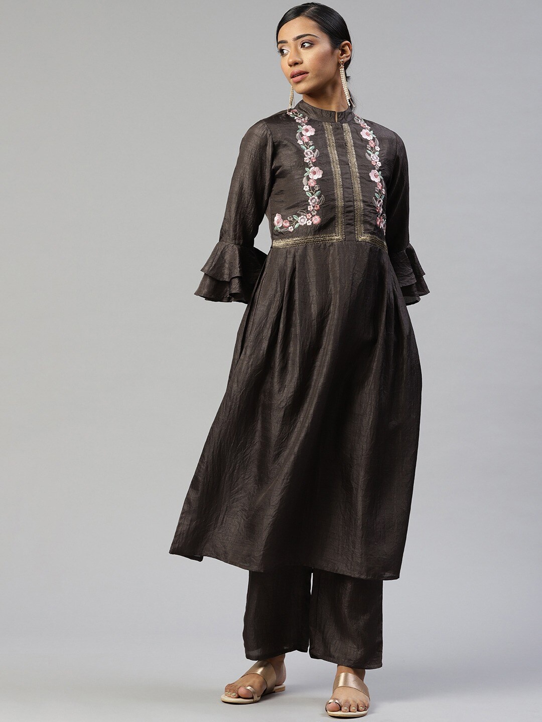 

Cottinfab Floral Embroidered Sequined A-Line Kurta with Palazzos, Coffee brown