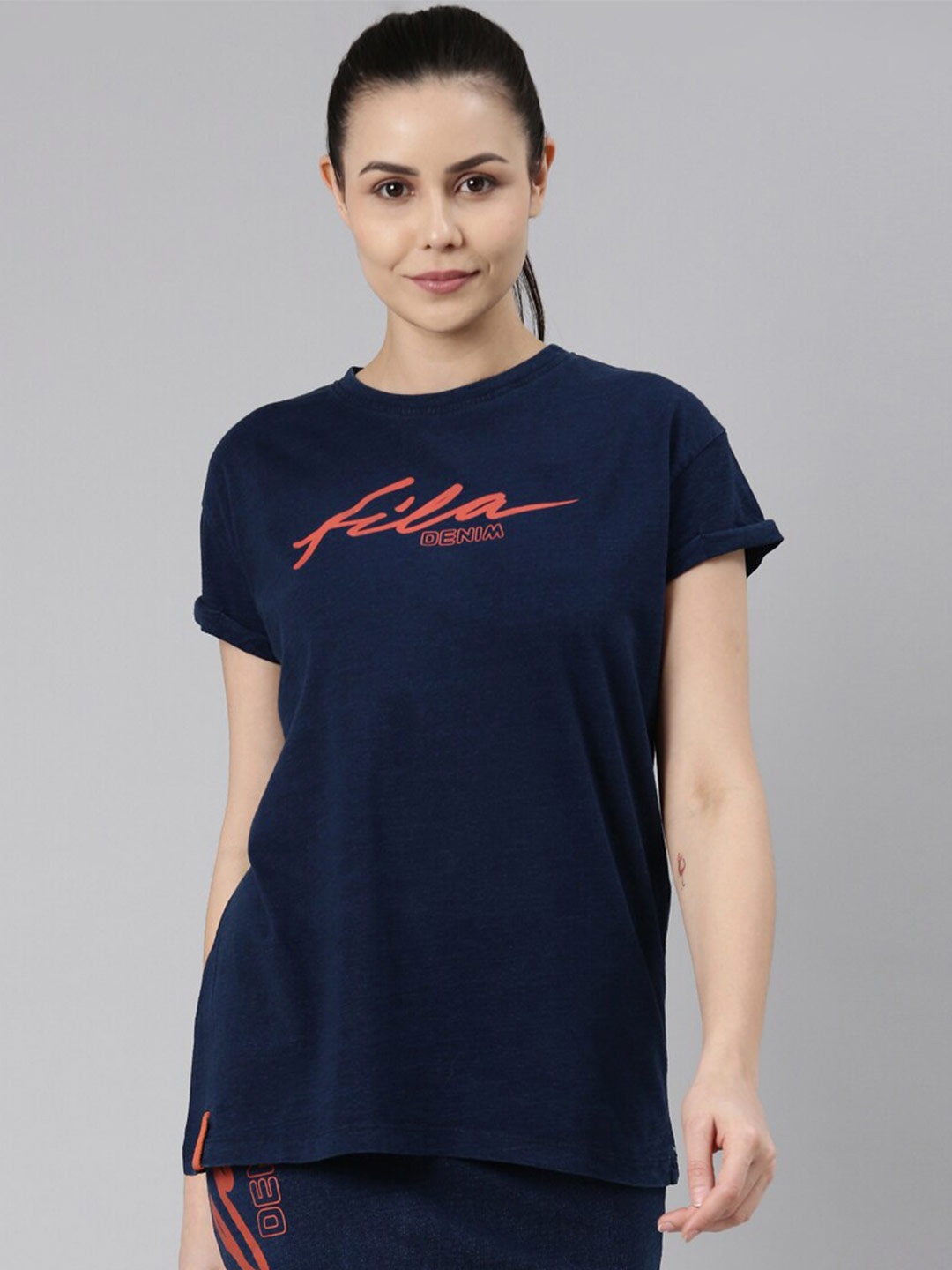 

FILA Typography Round Neck Cotton Regular Top, Navy blue