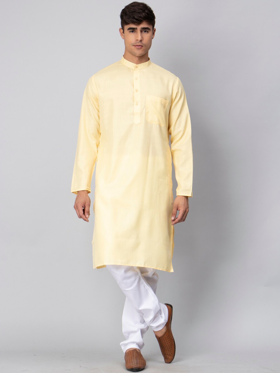 

NEUDIS Band Collar Pure Cotton Kurta With Churidar, Yellow