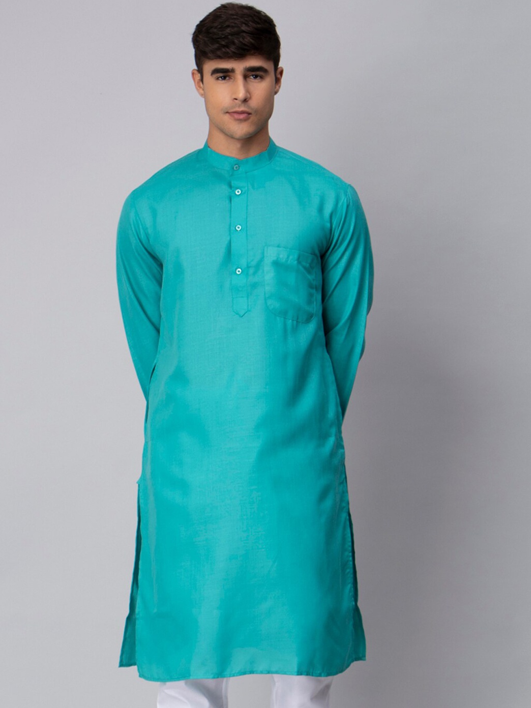 

NEUDIS Mandarin Collar Pure Cotton Straight Kurta, Blue